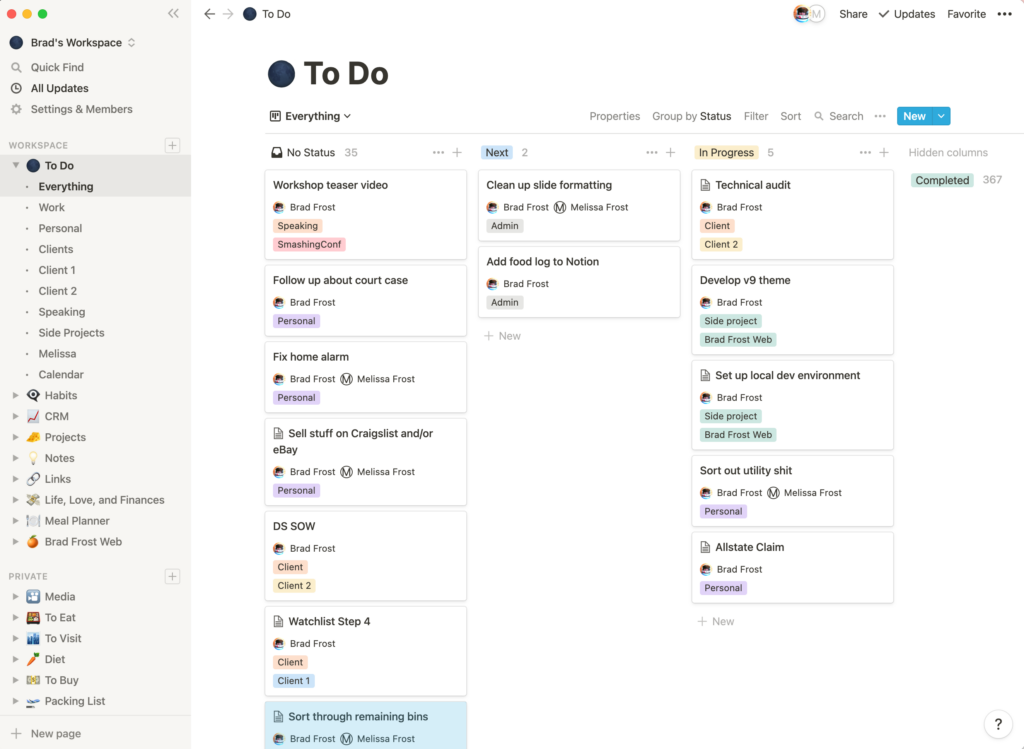 Notion example dashboard for small business owner